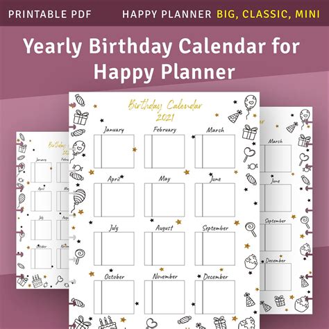 Yearly Birthday Calendar Template For Happy Planner Classic Etsy