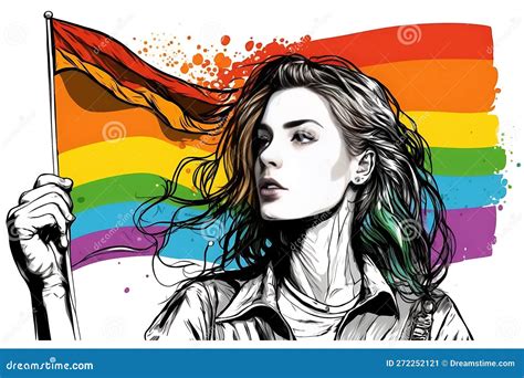 Line Art Of Woman With Rainbow Flag To Support Lgbtqia Community Stock Illustration