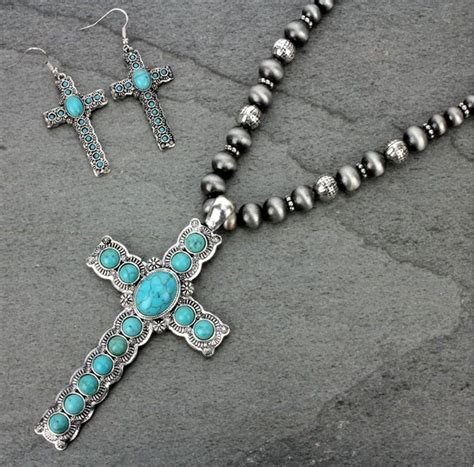 Western Engraved Cross Turquoise Navajo Pearl Style Pewter Bead