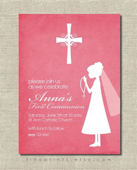 Pink First Communion Silhouette Invitation For Girl 1500 Via Etsy