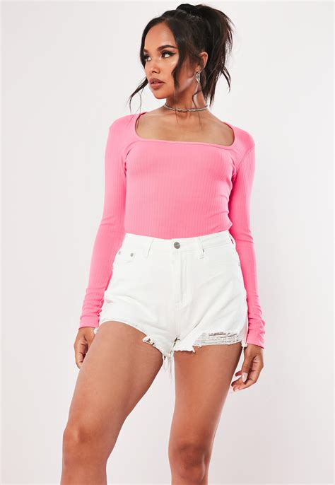 Neon Pink Rib Scoop Neck Long Sleeve Bodysuit Missguided