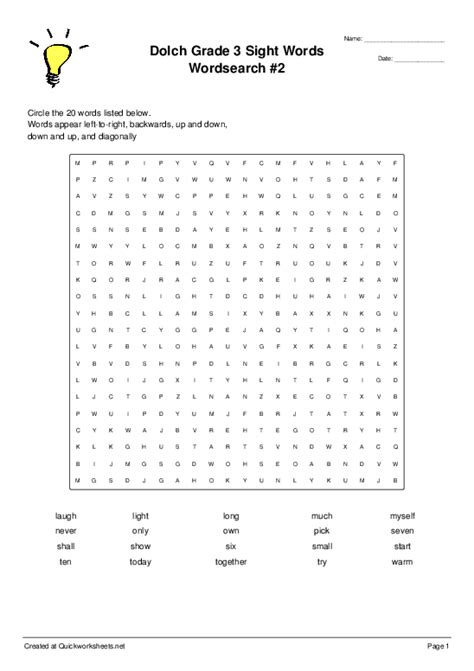 Dolch Grade Sight Words Wordsearch Wordsearch Quickworksheets
