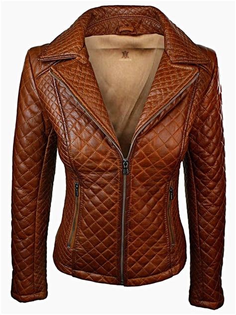 Women Quilted Sheepskin Fashion Leather Jacket Tan Brown Rays Creation