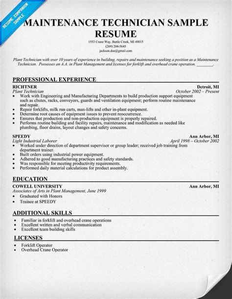 Maintenance Technician Resume Sample Resume