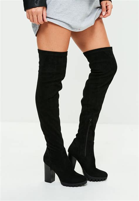 Missguided Black Faux Suede Cleated Sole Over The Knee Boots Lyst