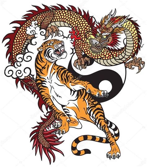Dragón Chino Frente A Tigre Ilustración De Vector Del Tatuaje Incluye