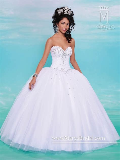 Mary S White Quinceanera Dresses 2015 Fall Sweetheart Neck Rhinestones