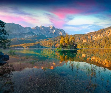 Colorful Summer Sunrise On The Eibsee Lake In German Alps Stock Image