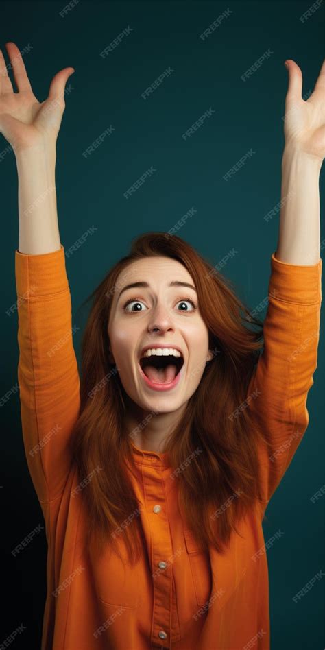 Premium Ai Image Beautiful Woman Raising Hand With Color Background