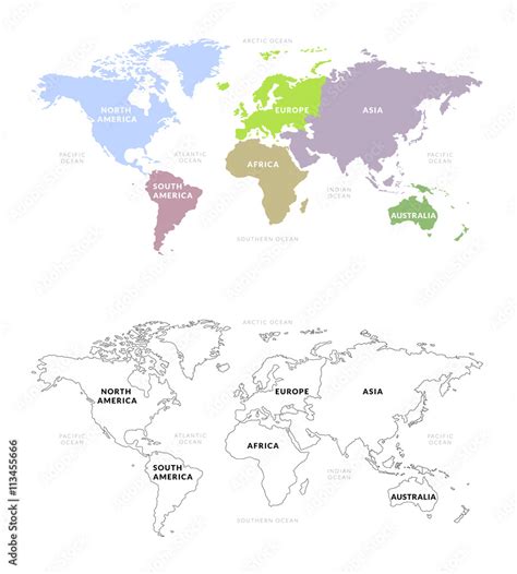 World Map Continents Colored And Outline Vector Of World Map With