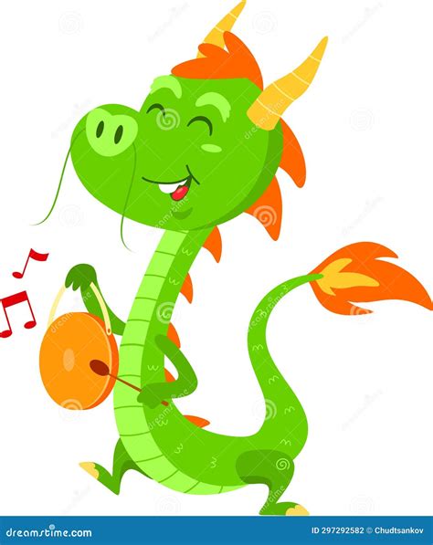 Cute Chinese Dragon Cartoon Character Walking With A Drum Stock Vector