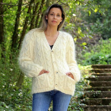 Designer Hand Knit Mohair Cardigan Sweater Off White Pullover Coat