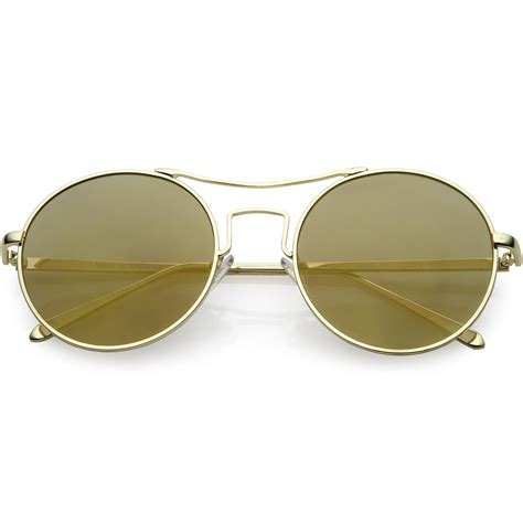 Womens Modern Slim Metal Round Sunglasses Round Flat Lens 54mm Gold