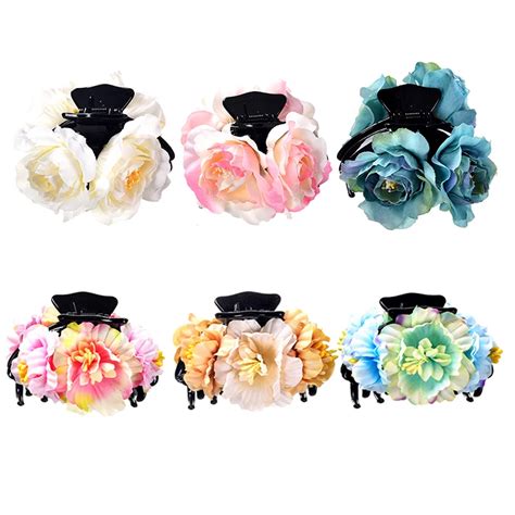 M Mism Women Peony Hair Claws Big Flower Bud Bun Holders Barrette Korean Style Fashion Vintage