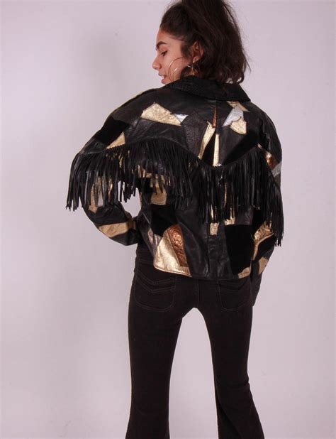 Vintage Black And Metallic Lightning Bolt Patch Fringe Leather Jacket