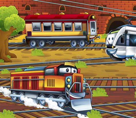 Trenes De La Historieta Divertidos Y Escena Feliz Stock De Ilustración Ilustración De Tren