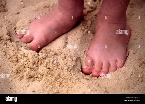 Close Up F A Woman S Feet Standing On Beach With Sand Between Toes Stock Photo Alamy