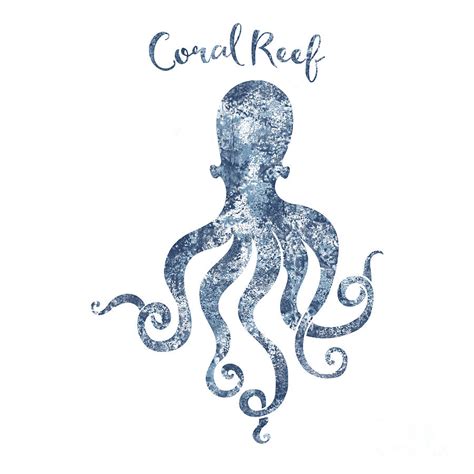 Sponge Painted Octopus Coral Reef Habitat Delft Blue Nautical Art