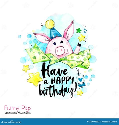 Greeting Holidays Illustration Watercolor Cartoon Pig With Birthday