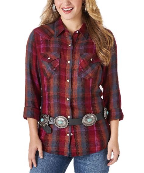 Wrangler Womens Retro Flannel Purple Plaid Snap Shirt