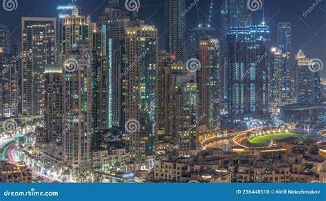 Futuristic Aerial All Night Cityscape Timelapse With Illuminated