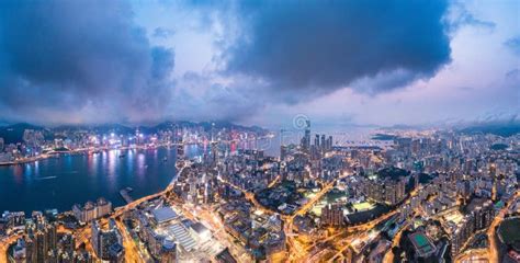 Epic Aerial View Of Night Scene Of Victoria Harbour Hong Kong Stock