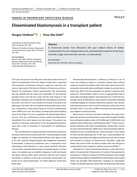Pdf Disseminated Blastomycosis In A Transplant Patient