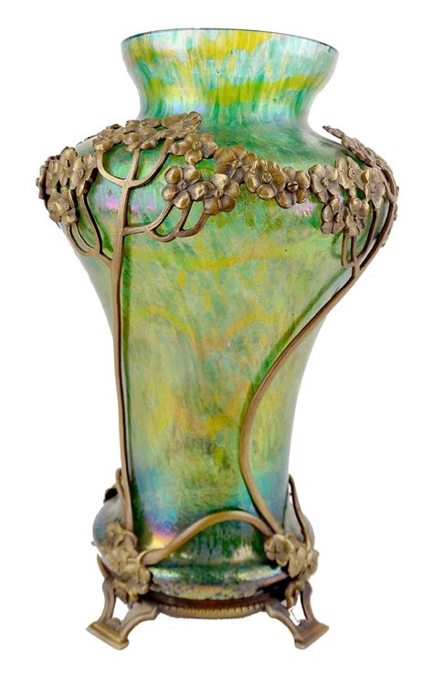 Art Nouveau Jugendstil Kralik Glass Vase With Flower Bronze Overlay