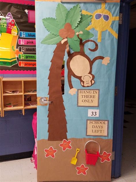 A Classroom Door Decorated With An Image Of A Monkey On A Tree And