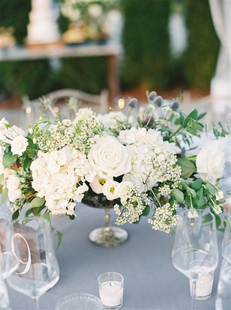 White And Green Low Centerpiece With Blue Thistle Flower Centerpieces