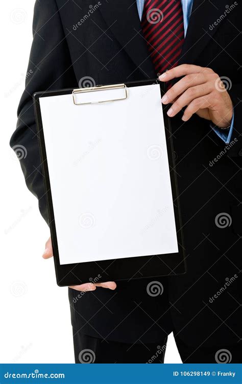 Businessman Holding A Blank Clipboard Stock Image Image Of Displaying