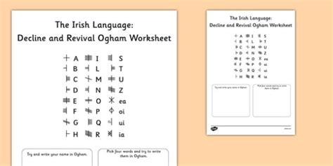 Written irish is first attested in ogham inscriptions from the 4th century ad, a stage of the language known as primitive irish. The Irish Language Decline and Revival Ogham Worksheet