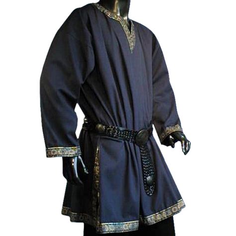Medieval Gold Trim Long Sleeves Knight Tunic Dark Blue L Medieval