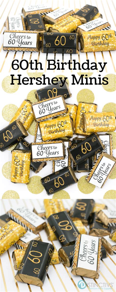 Each family of party supplies offers tableware (table cover, plates, cups, and napkins), decorations, invitations, party favors, and specialty products like games and costumes. Black and Gold stickers that are designed to wrap perfectly around Hershey's® Minia… | 60th ...