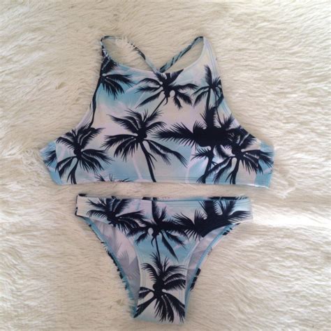 Print Floral Palm Tree Bikini Set Halter Crop Top Hang High Neck