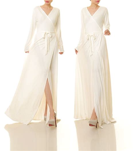 White Wrap Dress Robe Long Sleeve Maxi Dress White Etsy Long Sleeve