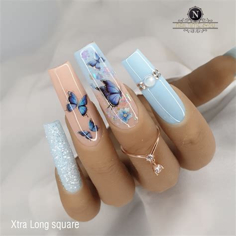 Box False Nails With Blue Butterfly Designs Long Coffin Ballerina Fake