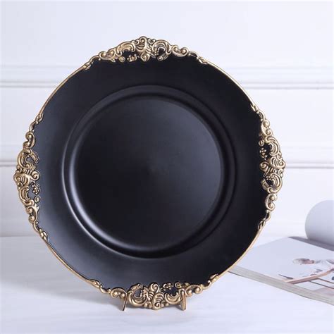 Pack Matte Black Acrylic Round Dinner Charger Plates Gold Leaf Embossed Baroque Charger