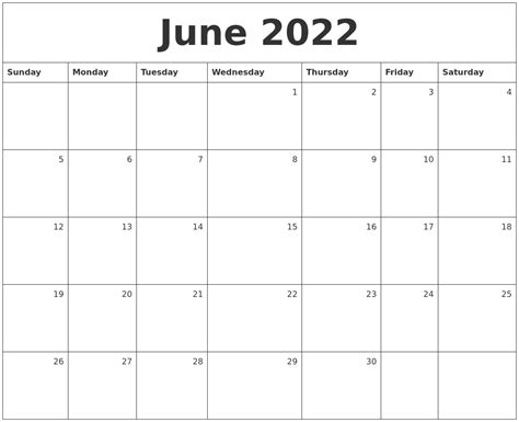 June 2022 Monthly Calendar