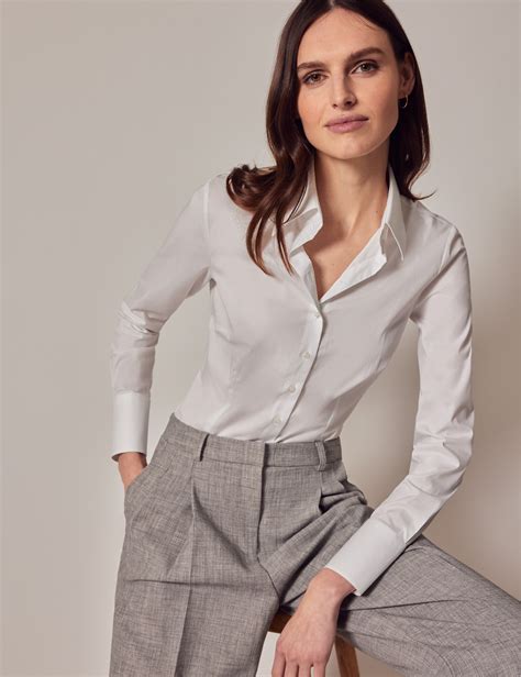 Women S White Fitted Shirt With High Two Button Collar