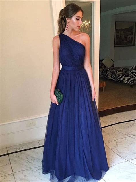 Elegant Dark Blue A Line One Shoulder Tulle Long Prom Dresses Dark Bl