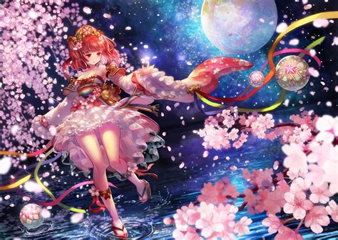 Safebooru 1girl Cherry Blossom Dress Female Flower Hair Flower Hair Ornament Highres Moon