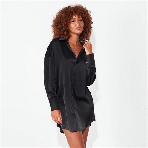 i saw it first oversized satin shirt dress black isawitfirst