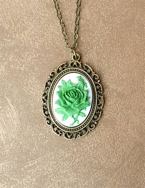 Victorian Green Cameo Necklace Resin Cameo Flower Cameo Etsy