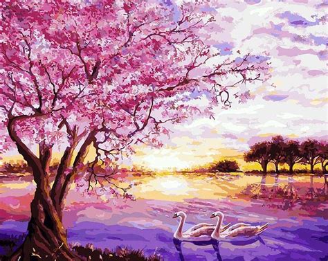 Draw the cherry blossom tree trunk and branches using the black/brown paint and paint brush. Cherry Blossom Tree & Swans - Paint by Numbers Home