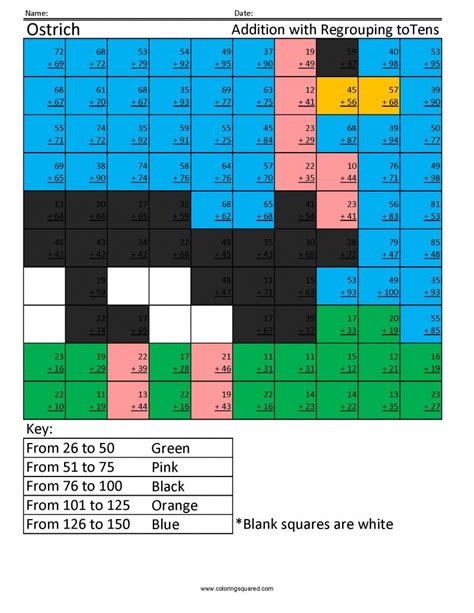 Ra1 Ostrich Addition Regrouping Cool Math Worksheets Coloring Squared