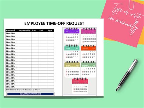 Employee Time Off Request Calendar Template Editable Word Etsy
