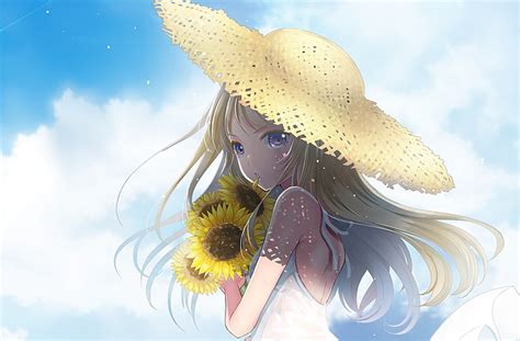 Anime Girl Summer Dress Straw Hat Sunflowers Blonde Anime Hd