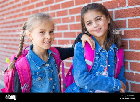 Two Childs Girls Elementary School Outside Stock Photo Alamy