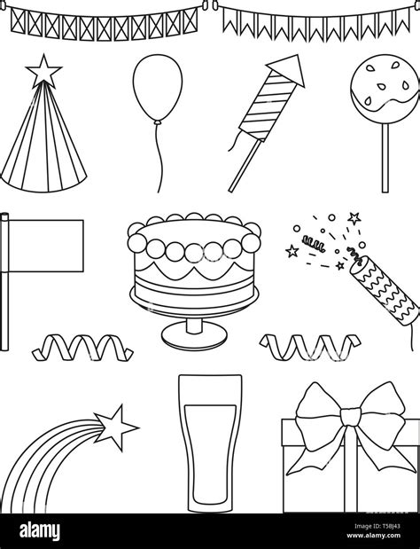 14 Line Art Black And White Party Elements Set Stock Vector Image And Art
